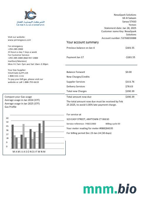 Jemen Gas Company rachunek za usługi komunalne szablon w formacie Word i PDF